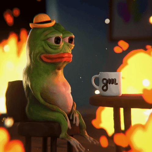 A Frog Is Sitting At A Table With A Mug That Says Gm On It GIF