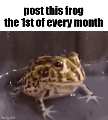 A Frog Is Sitting In A Bucket Of Water With The Words `` Post This Frog The 1St Of Every Month '' . GIF