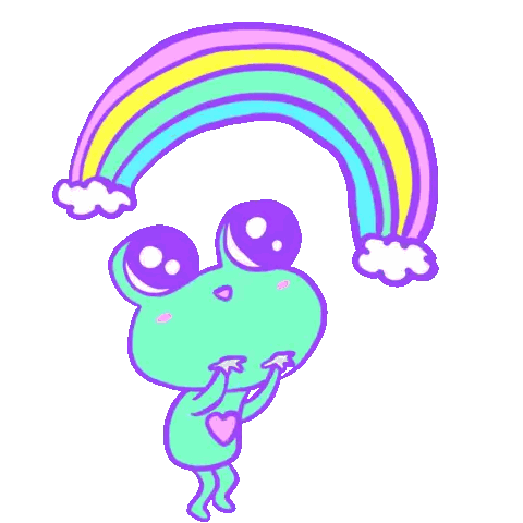 a frog is standing under a rainbow with a cloud in the background