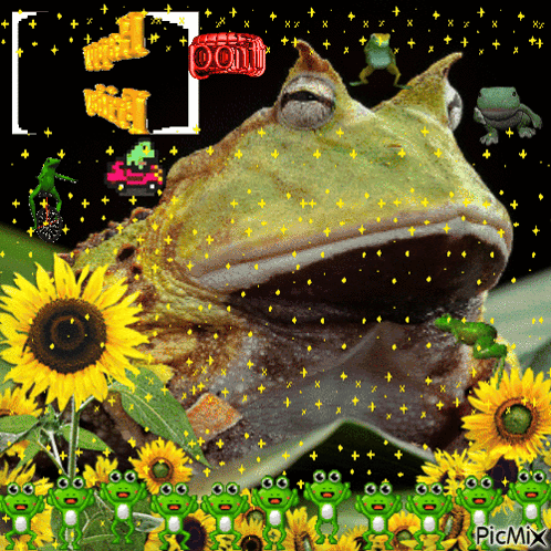 A Frog Is Surrounded By Frogs And Sunflowers With A Picmix Logo In The Corner GIF