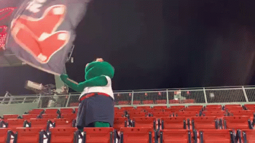 A Frog Mascot Is Holding A Flag In A Stadium GIF