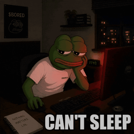 a frog sitting in front of a computer with the words " can 't sleep "