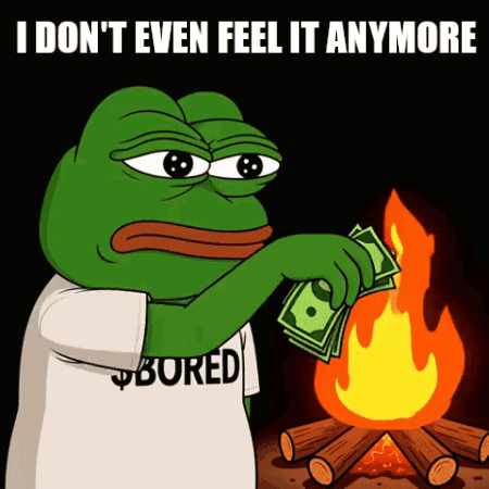 A Frog Wearing A Shirt That Says Bored Is Holding Money In Front Of A Campfire GIF
