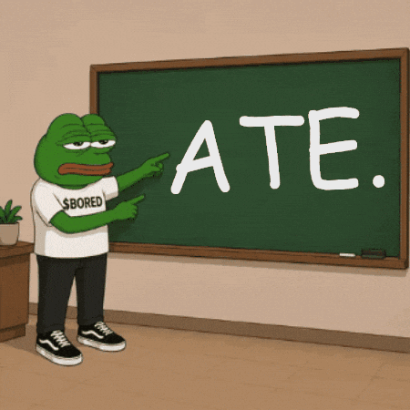 A Frog Wearing A Shirt That Says $ Bored Is Pointing At A Blackboard That Says Ate GIF