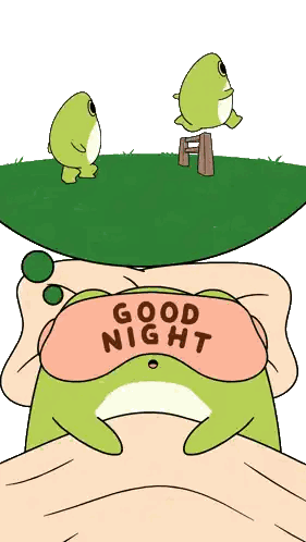 a frog wearing a sleep mask that says " good night "