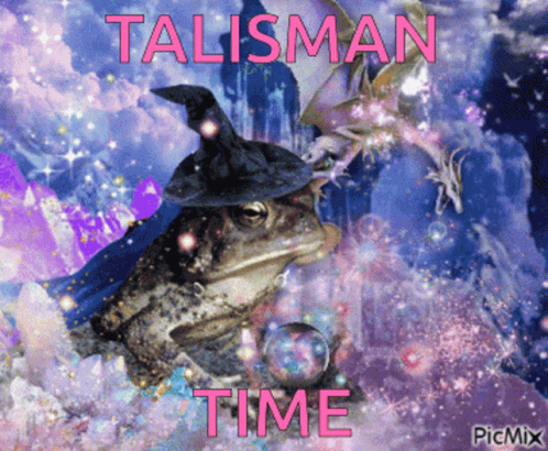 A Frog Wearing A Witch Hat Is Holding A Crystal Ball And Says Talisman Time GIF