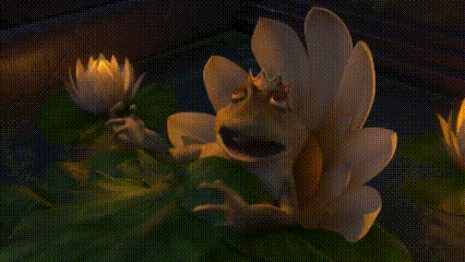 A Frog With A Crown On Its Head Is Sitting On A Lily Pad In A Pond . GIF