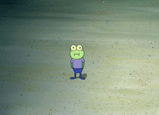 A Frog With Big Eyes And A Purple Shirt Is Standing On A Sandy Beach GIF