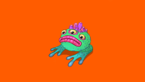 A Frog With Purple Eyes And A Pink Mouth Is Sitting On An Orange Background . GIF