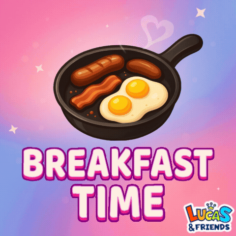 A Frying Pan With Eggs Bacon And Sausage With The Words Breakfast Time On The Bottom GIF