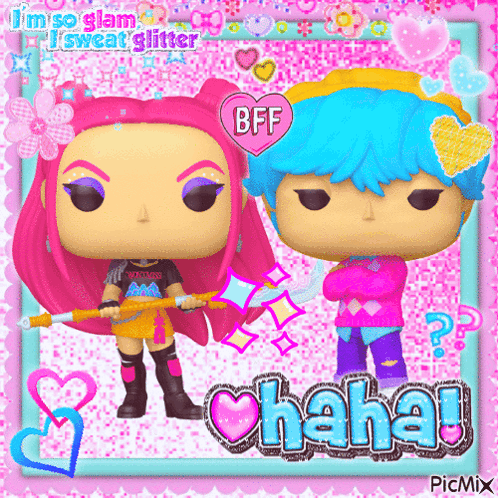A Funko Pop Of A Girl With Pink Hair And A Boy With Blue Hair With A Heart That Says Bff GIF