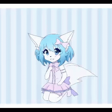 A Furry Girl With Blue Hair And A Pink Bow Is Kneeling Down On A Striped Background . GIF