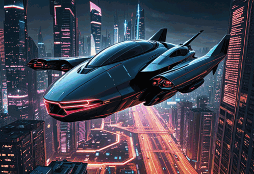 A Futuristic Airplane Is Flying Over A Futuristic City At Night GIF