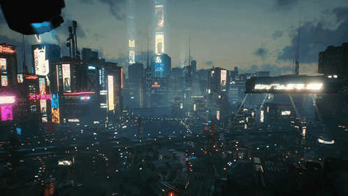 A Futuristic City At Night With A Purple Sign That Says ' Tokyo ' GIF