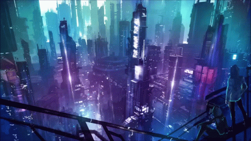 A Futuristic City At Night With A Sign That Says For Anyone For All GIF