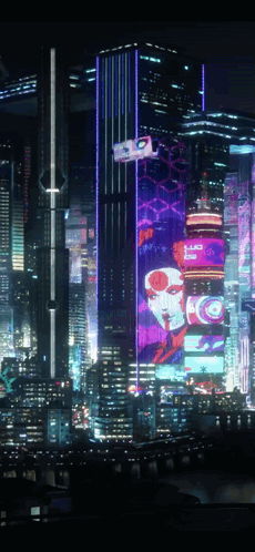 A Futuristic City At Night With A Sign That Says ' Netflix ' GIF