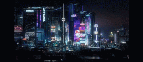 A Futuristic City At Night With A Sign That Says ' Tema Jc ' On It GIF