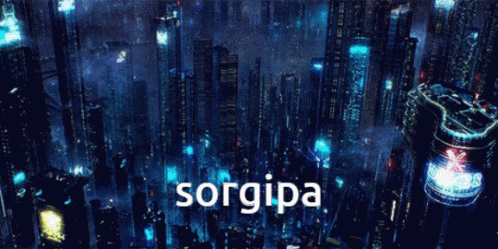 A Futuristic City At Night With The Word Sorgipa Above It GIF