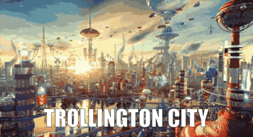 A Futuristic City With The Words Trollington City Written On It GIF