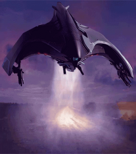 A Futuristic Jet Is Flying In The Sky With A Purple Background GIF