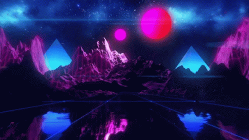 A Futuristic Landscape With Mountains , Pyramids And Planets In The Background . GIF