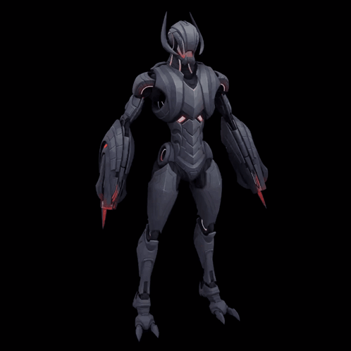 A Futuristic Robot With Horns And A Red Light On Its Arms GIF