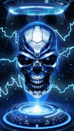 A Futuristic Skull With Lightning Coming Out Of It 'S Eyes GIF