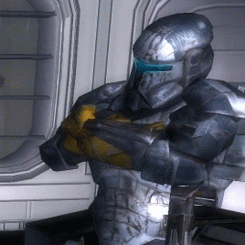A Futuristic Soldier With A Blue Helmet And Yellow Gloves GIF