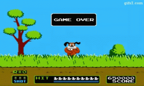 a game over screen with a dog and trees