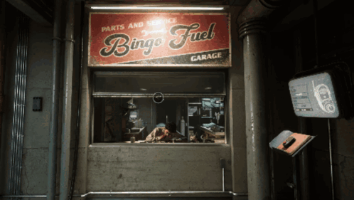 A Garage With A Sign That Says Bingo Fuel On It GIF
