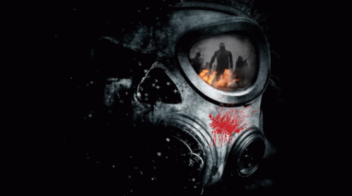 A Gas Mask With A Picture Of A Group Of People Behind It GIF