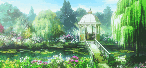 A Gazebo Sits In The Middle Of A Lush Green Park GIF