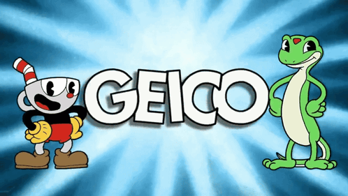 A Geico Logo With A Cuphead And A Gecko On It GIF