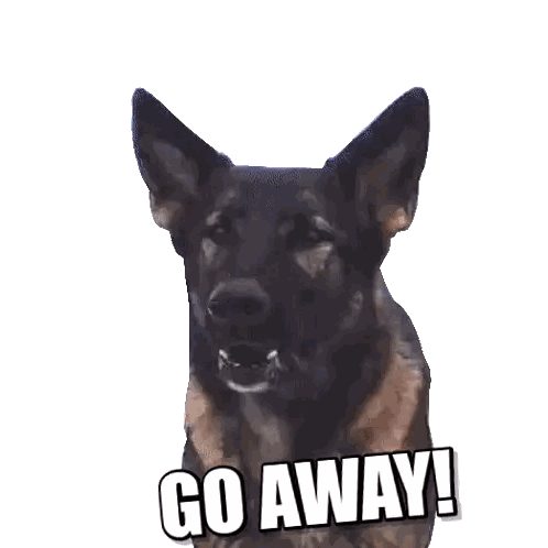 a german shepherd says " go away " in a sticker