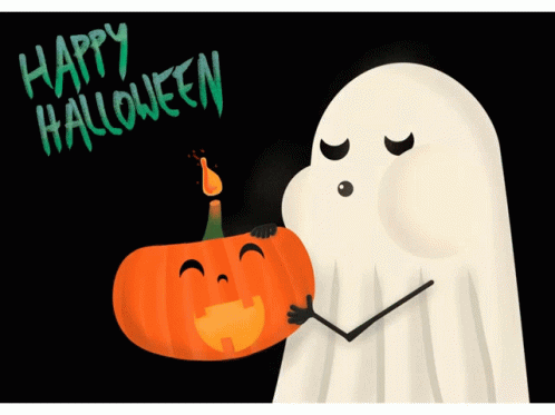 A Ghost Holding A Pumpkin With The Words Happy Halloween Written On The Bottom GIF