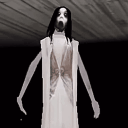 A Ghost In A White Dress Is Standing In The Dark . GIF