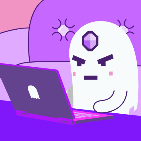 A Ghost Is Sitting In Front Of A Laptop Computer GIF