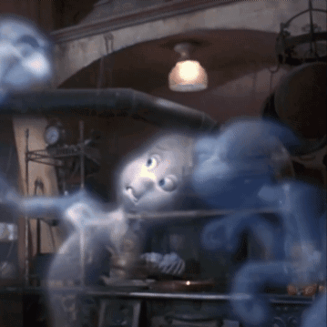 A Ghost Is Standing In A Room With A Clock On The Wall GIF