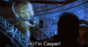 A Ghost Is Talking To A Man In A Dark Room And Says `` Hi , I 'M Casper '' . GIF