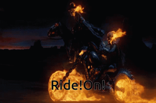 A Ghost Rider Is Riding A Burning Horse With The Words Ride On Written Below Him GIF