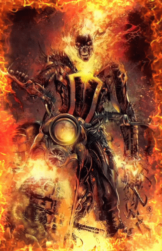 A Ghost Rider Is Riding A Motorcycle In The Flames GIF