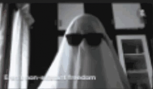 A Ghost Wearing Sunglasses And A Sheet Is Standing In A Room . GIF