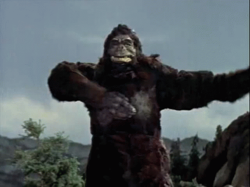 a giant gorilla is standing on top of a rocky hill .