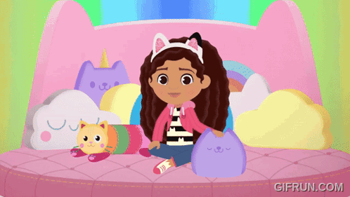 A Gif From Gifrun.com Shows A Girl Sitting On A Bed With A Stuffed Cat GIF