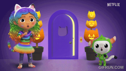 A Gif From Netflix Shows A Girl And A Cat Standing In Front Of A Purple Door GIF