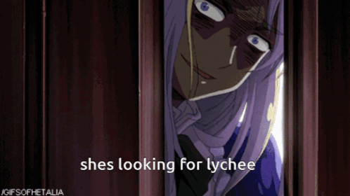 A Gif Of A Girl Looking Out Of A Door With The Caption She 'S Looking For Lychee GIF