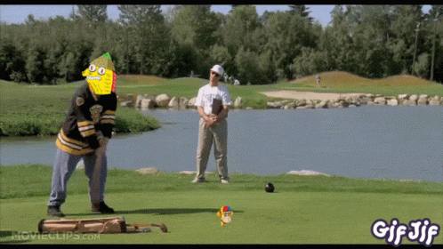 A Gif Of A Man Hitting A Golf Ball With A Spongebob Face On It GIF
