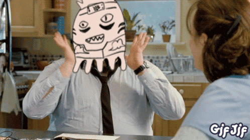A Gif Of A Man With A Drawing Of A Monster On His Head GIF