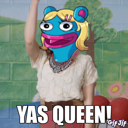 A Gif Of A Woman With A Cartoon Character On Her Head And The Words Yas Queen GIF