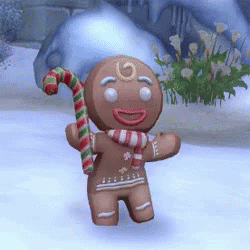 A Gingerbread Man Is Holding A Candy Cane And Wearing A Scarf GIF